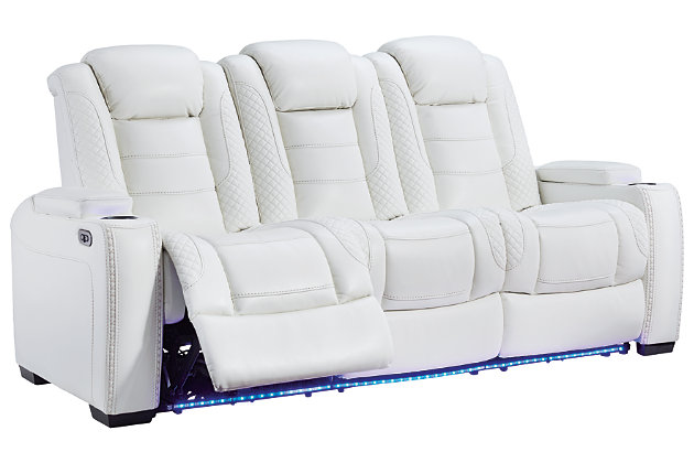 Party Time White Sofa Recliner cup lights side profile on by Ashley product image