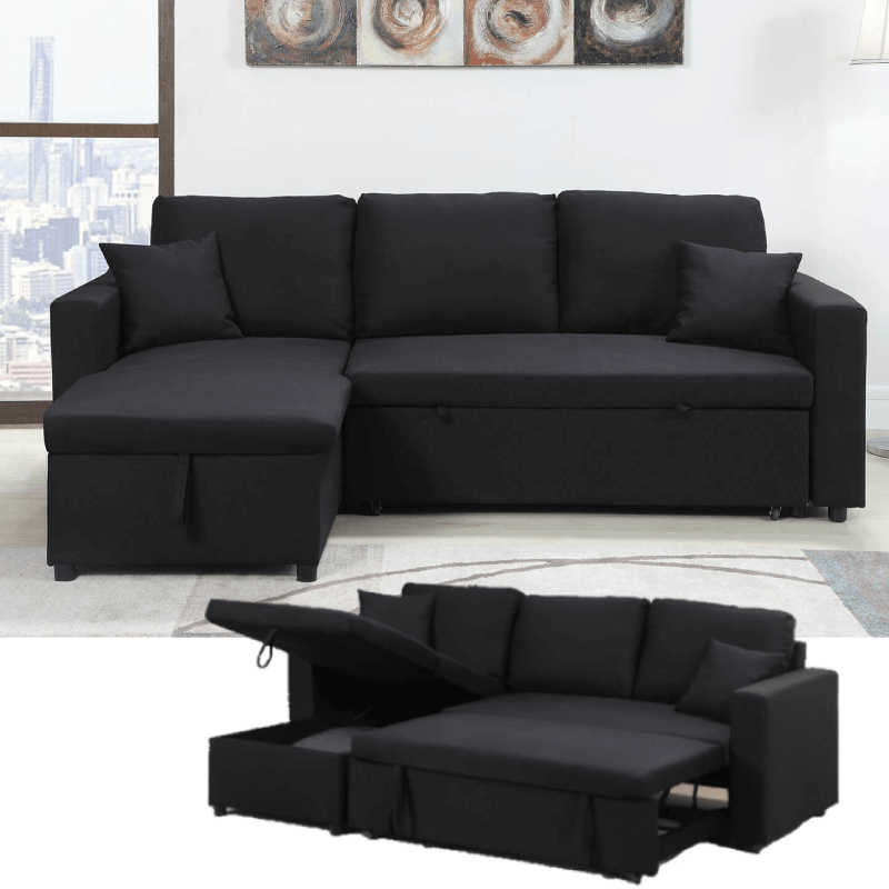8067 Sofa Chase with storage in black and showing pulled out storage milton green stars product image