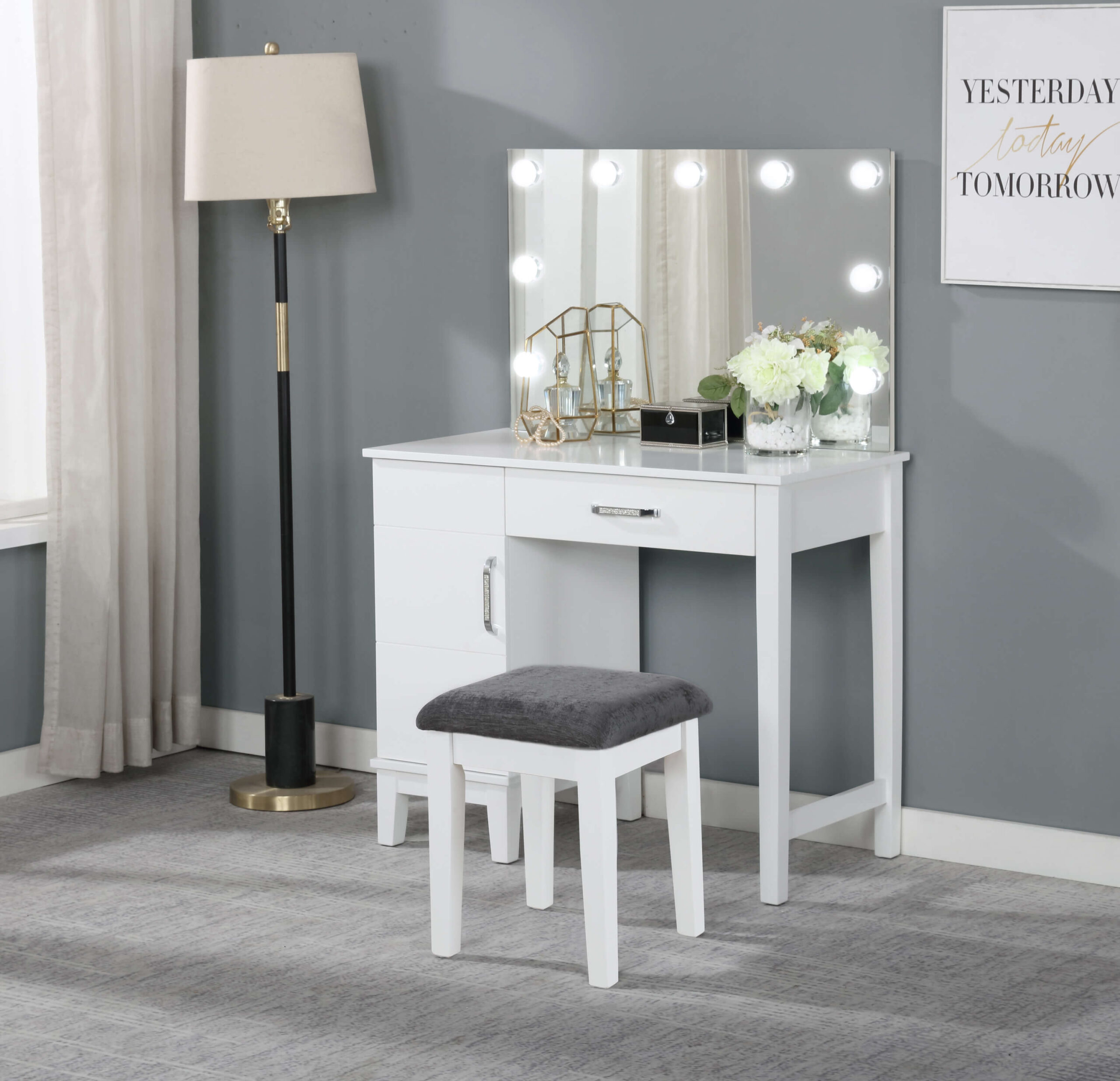 931149 Coaster Vanity Set With LED Lights White And Dark Grey product image with stool included