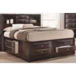 Emily Queen Bed Storage by crown mark with a large drawer on the right and left side of the bed and 4 drawers in the front with silver knobs and 2 shelves with 2 drawers on the headboard product image