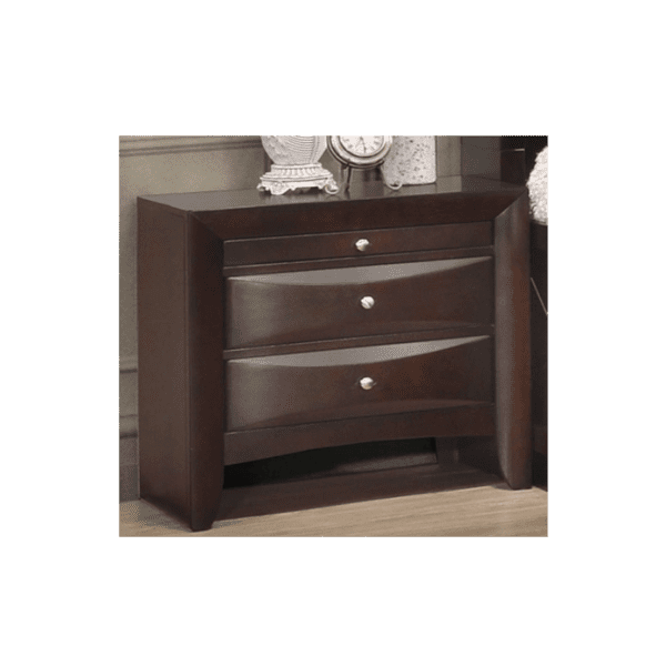 Emily Storage bedroom set nighstand product image with 3 drawers the first of which is a pull out writing drawer in a dark cherry wood finish.