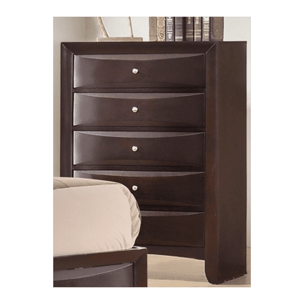 Emily Storage bedroom set chest with 5 drawers and silver knobs in a dark cherry wood finish.
