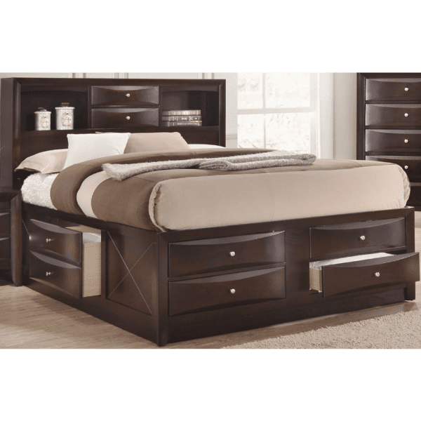 Emily Queen Bed Storage by crown mark with a large drawer on the right and left side of the bed and 4 drawers in the front with silver knobs and 2 shelves with 2 drawers on the headboard product image