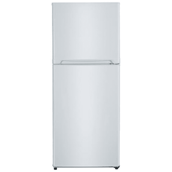Avanti FF10B0W 10 Cu Ft Top Freezer Frost Free Refrigerator White closed, no exterior handle.