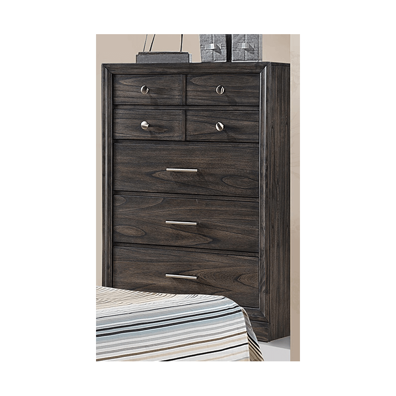 B6580 Jaymes Chest by crown mark with 5 drawers and in dark brown finish product image silver knobs