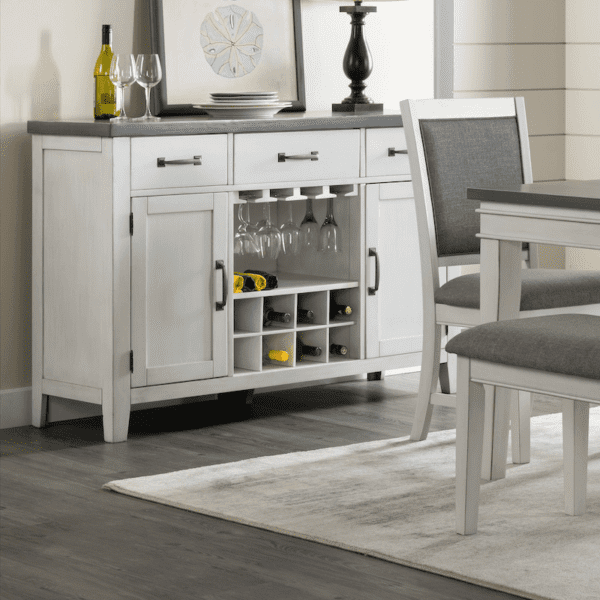 Martin Svensson Server with wine rack product image The Del Mar Server features a wine rack for 8 wine bottles as well as a space for glasses while having 3 drawers and 2 cabinets for storage with a gorgeous grey table top.