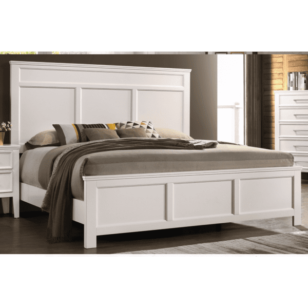 Andover Bed by crown mark with white wood paneling on the headboard and footboard