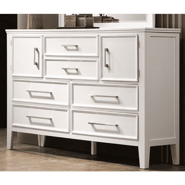 Andover Dresser by crown mark product image. it has 6 drawes and 2 cabinets in a white wood finish and silver knobs