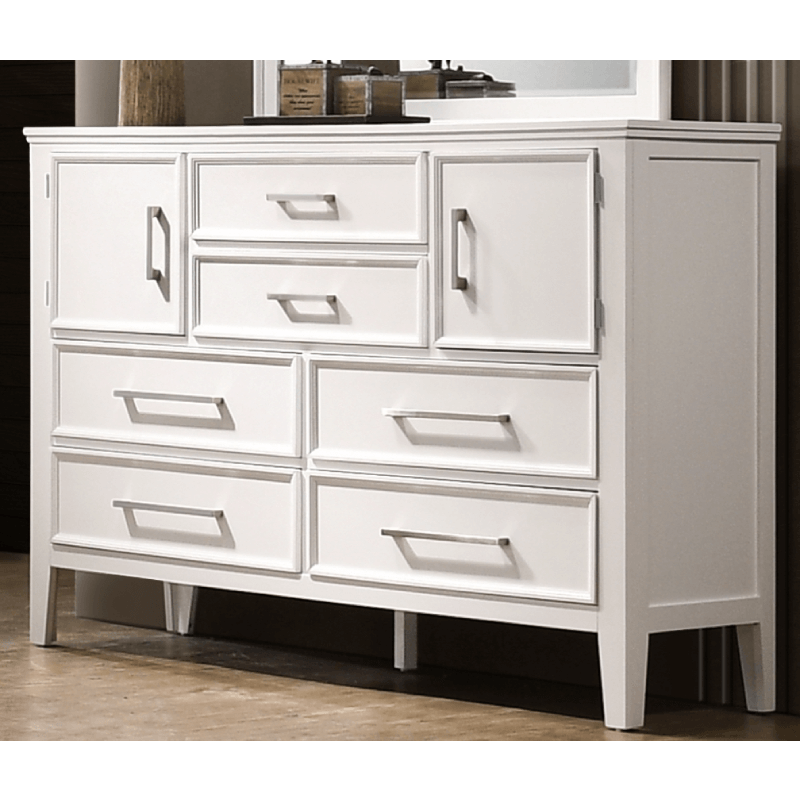 Andover Dresser by crown mark product image. it has 6 drawes and 2 cabinets in a white wood finish and silver knobs