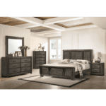 Ashland Bedroom Set By New Classic Furniture product image with dresser, mirror, bed and 1 nightstand in darkwood paneling, seat bench on footboard.