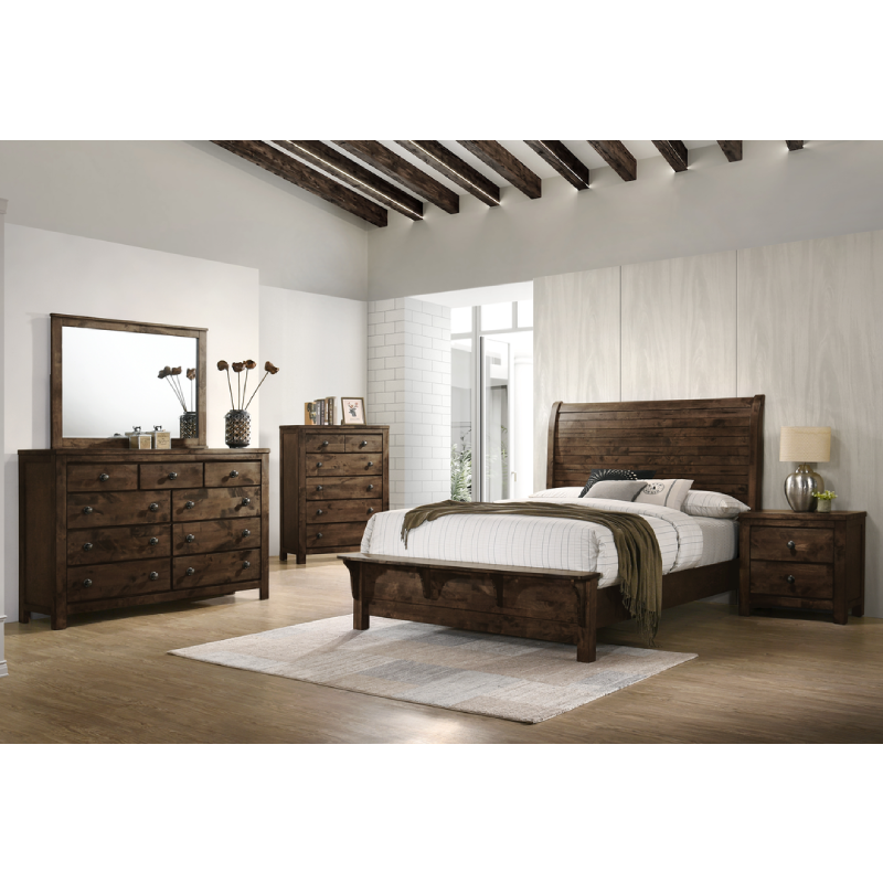 Blue Ridge bedroom set by new classic furniture in a rustic grey wood paneling that looks brown and a bench built into the footboard