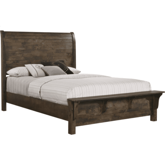 Blue Ridge bed by new classic furniture with a bench on the footboard in a grey finish that looks brown