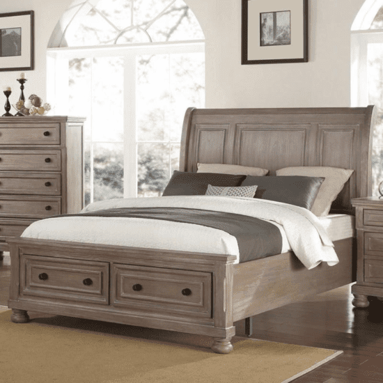 Allegra Pewter bed By New Classic Furniture with 2 storage drawers and wood paneling in pewter finish product image