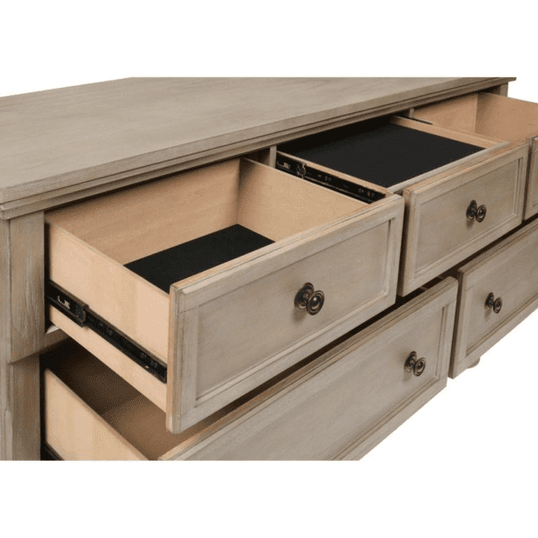 Allegra Pewter dresser drawers open with felt lined top drawers andBy New Classic Furniture with 7 drawers and in a wood finish with brown knobs product image