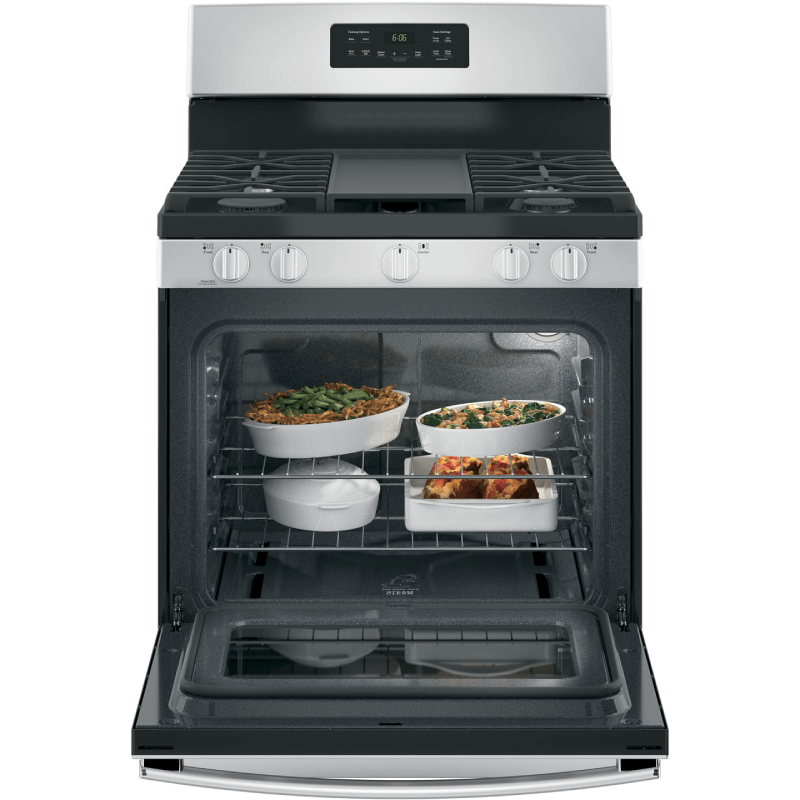 GE® 30" Free-Standing Gas Range Model #:JGBS66REKSS open with food product image