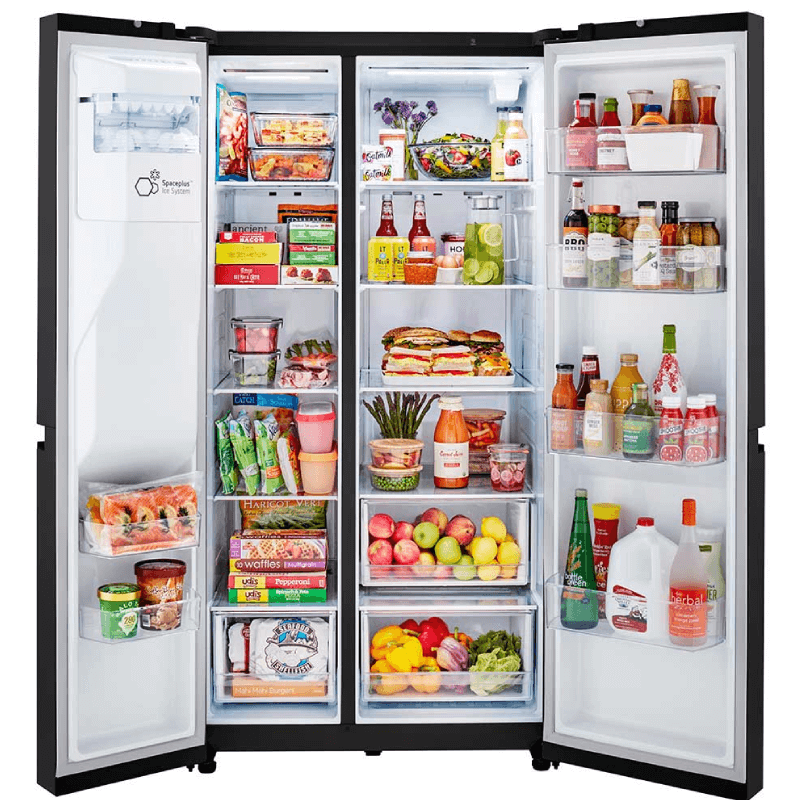 LRSXS2706B 27 cu. ft. Side-by-Side Refrigerator with Smooth Touch Ice Dispenser open with food product image