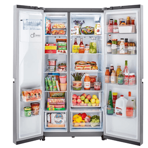 LRSXS2706B 27 cu. ft. Side-by-Side Refrigerator with Smooth Touch Ice Dispenser open with food in stainless steel product image