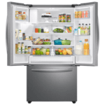 RF27T5201SR 27 cu. ft. Large Capacity 3-Door French Door Refrigerator with External Water & Ice Dispenser in Stainless Steel open with food product image