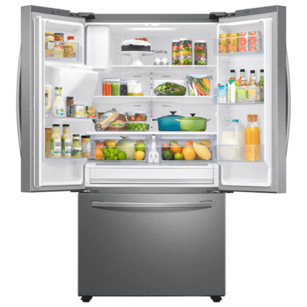 RF27T5201SR 27 cu. ft. Large Capacity 3-Door French Door Refrigerator with External Water & Ice Dispenser in Stainless Steel open with food product image