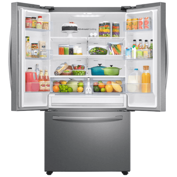 RF28T5001SR 28 cu. ft. Large Capacity 3-Door French Door Refrigerator in Stainless Steel Open with food product image