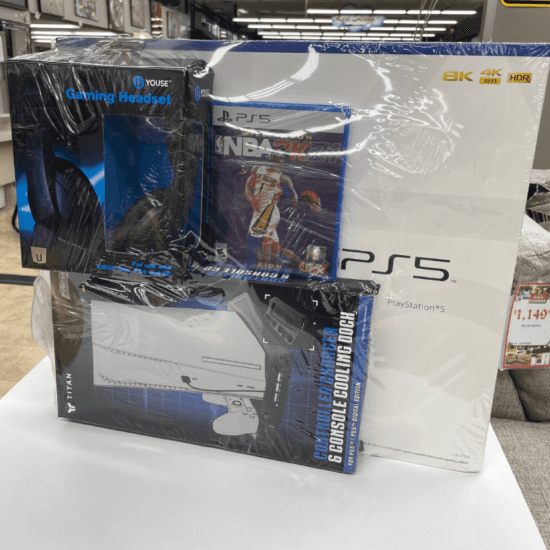 ps5 bundle product image includes PS5 Console Disk edition, PS5 Gaming Headphones, PS5 Charge Dock & Cooling fan, PS5 Controllers Skins, PS5 Video Game.