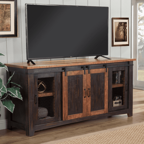 Santa Fe 70" TV Stand in 2 Toned Brown Finish By Martin Svensson product image with barn doors and 2 cabinets in 2 tone brown rustic finish.