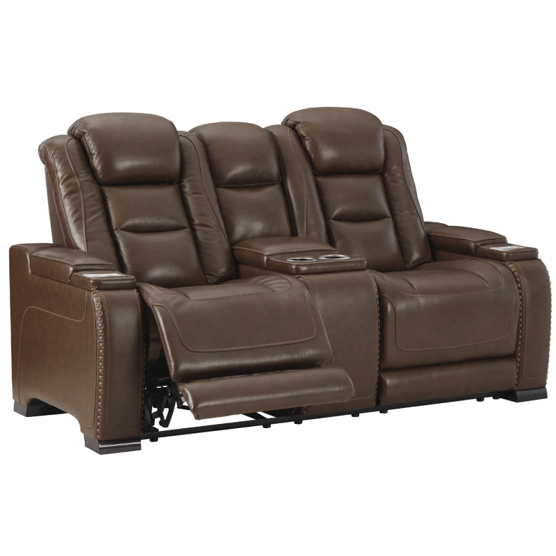 The Man-Den Triple Power Reclining Loveseat with Console By Ashley black background angled product image