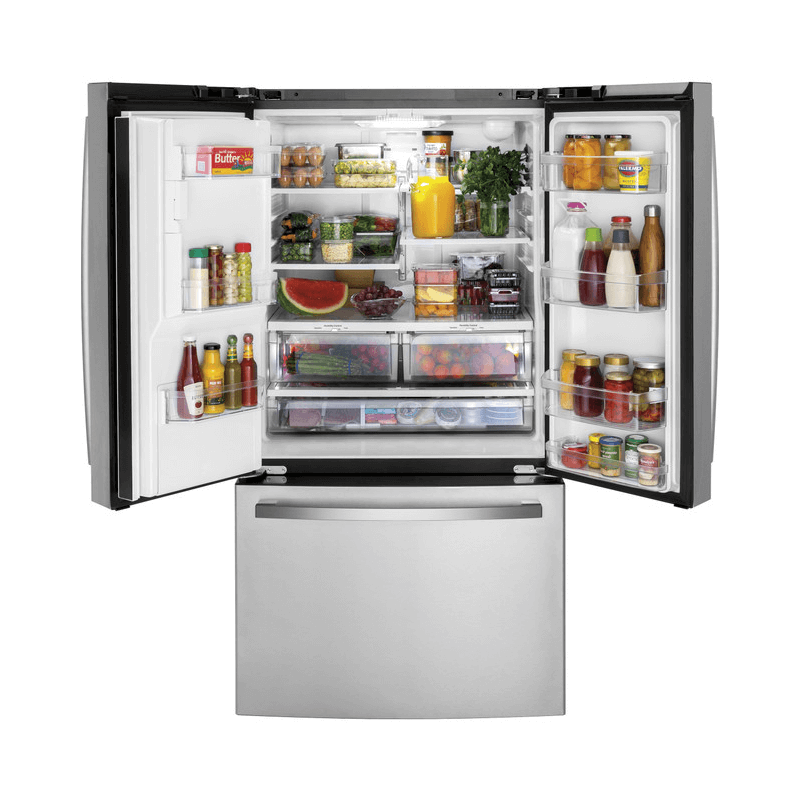 GE 25.6 Cu. Ft. Fingerprint Resistant French-Door Refrigerator In Stainless Steel open with food product image