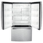 GE 27 Cu. Ft. Fingerprint Resistant French-Door Refrigerator In Stainless Steel open and empty product image