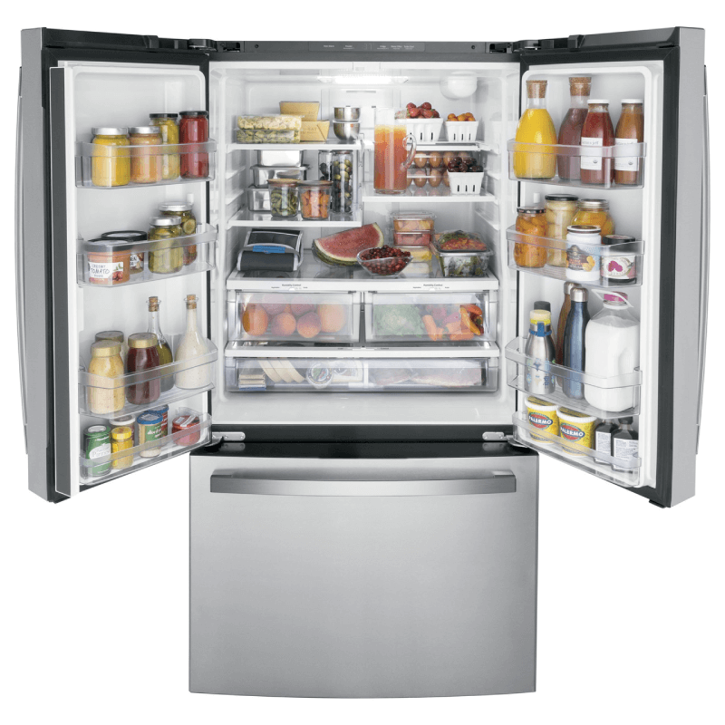 GE 27 Cu. Ft. Fingerprint Resistant French-Door Refrigerator In Stainless Steel open and full product image