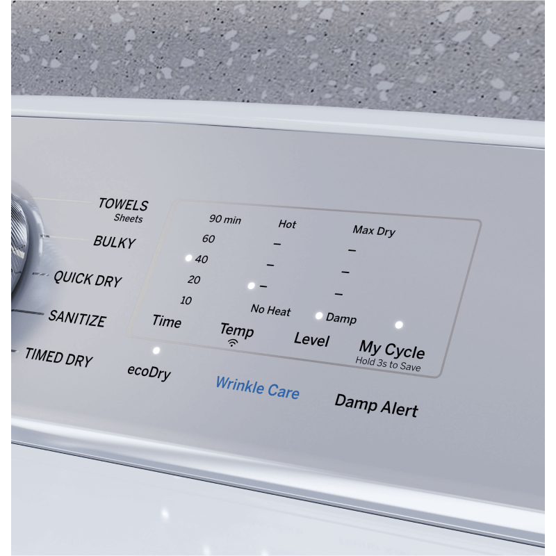 GE 7.4 Cu. Ft. Smart Gas Dryer with Sanitize Cycle and Sensor Dry controls close up current cycle display product image