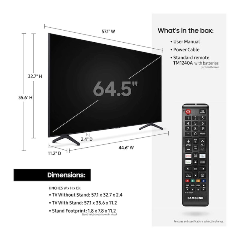 Samsung 65" Crystal UHD 4K Smart TV dimensions and remote product image