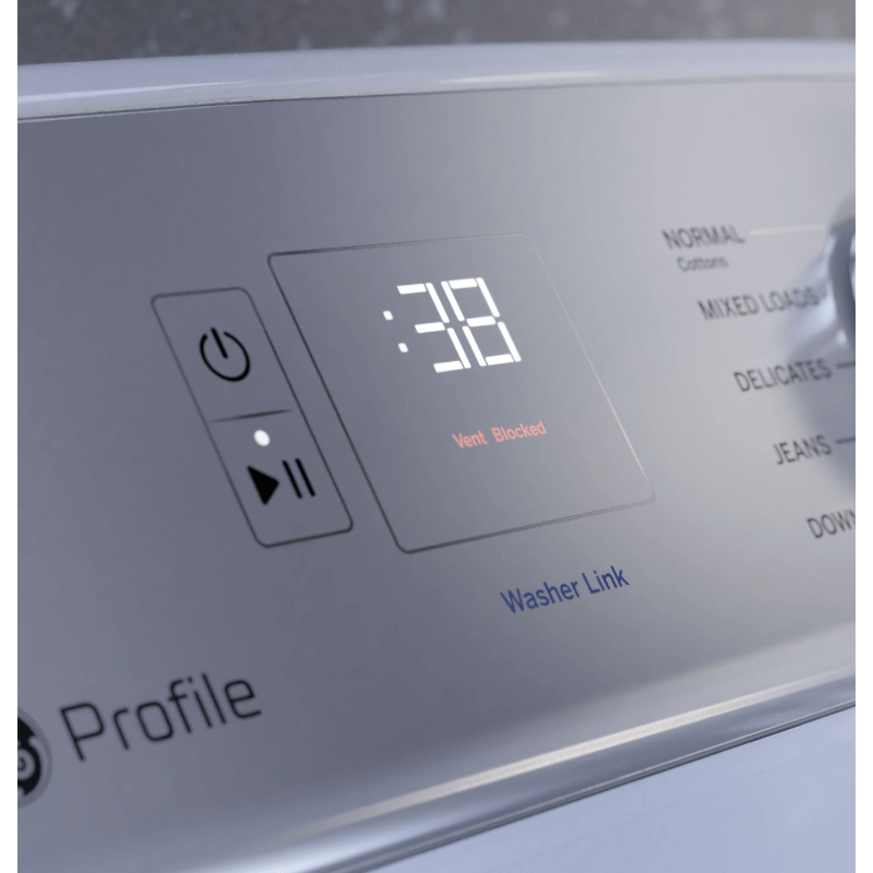 GE 7.4 Cu. Ft. Smart Gas Dryer with Sanitize Cycle and Sensor Dry controls close up timer and powerproduct image