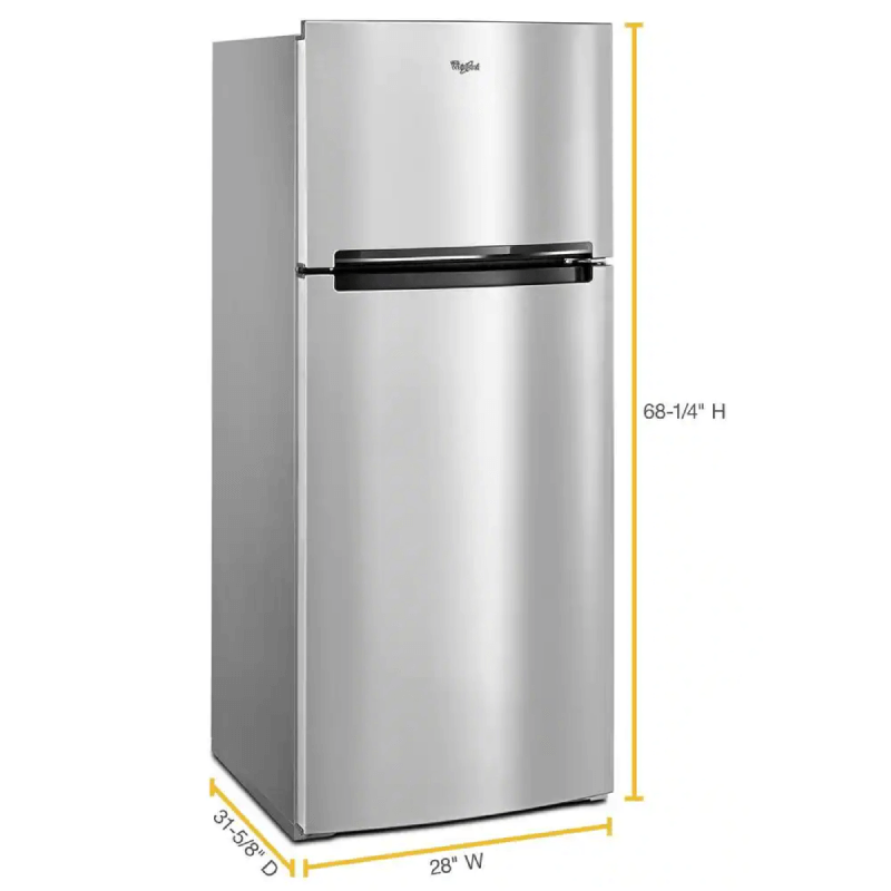 18 cu. ft. Top Freezer Refrigerator in Stainless Steel angled showing dimensions product dimensions