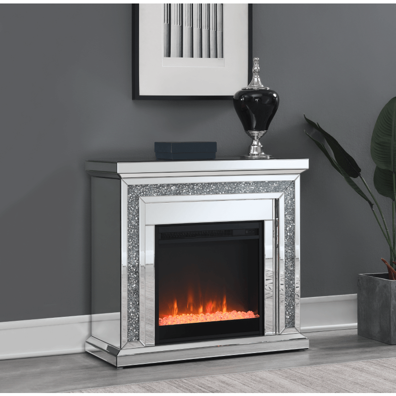 Mirrored Electric Fireplace with light on By Coaster