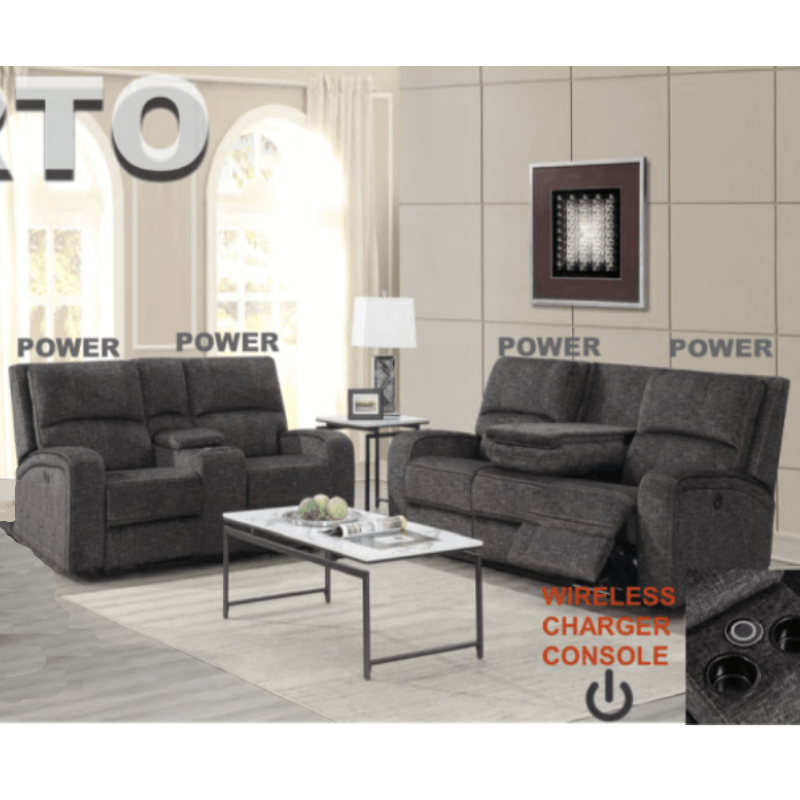 Porto Sofa and Loveseat in Grey Fabric with 4 Power Recliners By WFI -