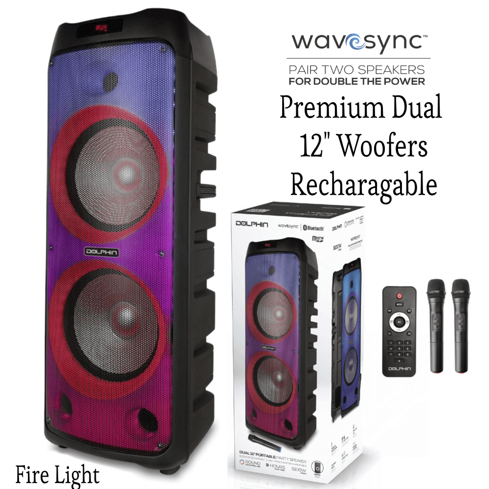 Dual 12” Portable Speaker with Fire Light & Two Wireless Mic By Dolphin -  Casa Leaders Inc.