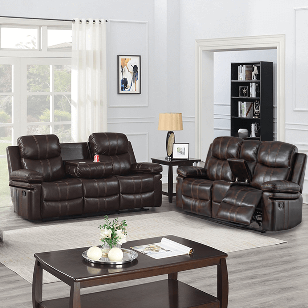 Kellen Sofa with Drop Down Tray and Loveseat with Console Storage and Recliners By New Classic Furniture
