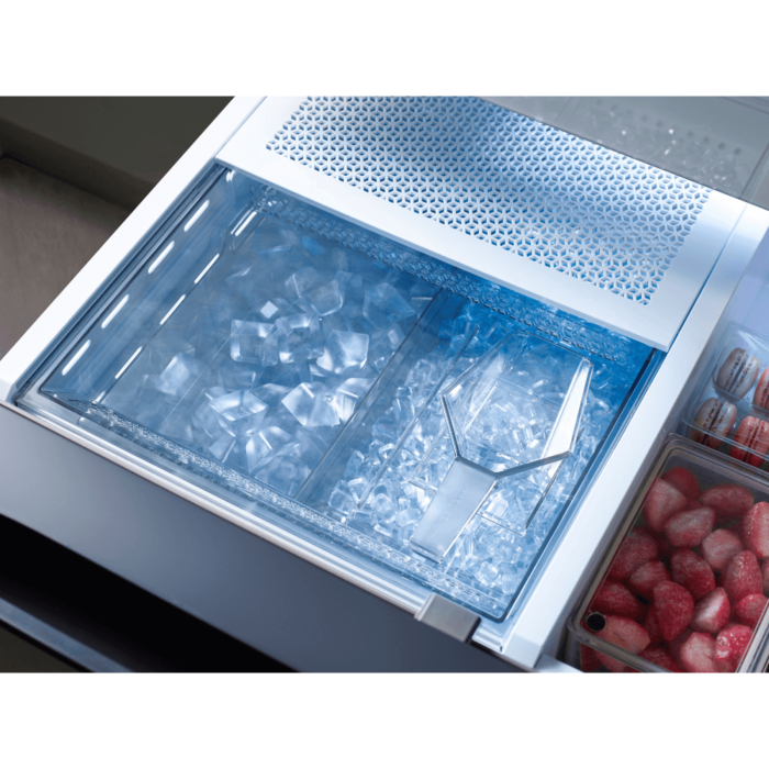 Samsung Bespoke Counter Depth 4-Door French Door Refrigerator with Family Hub ice close up product image