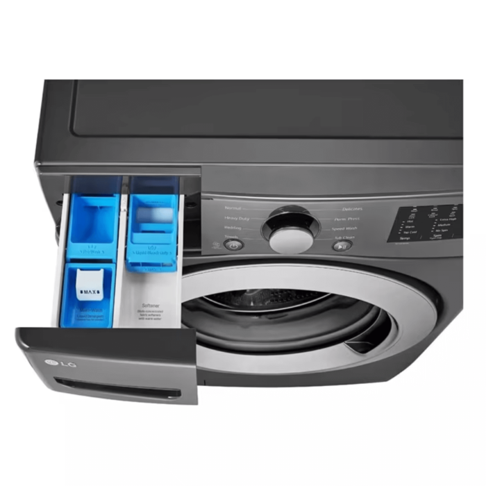 LG 5.0 Cu. Ft. Mega Capacity Front Load Washer detergent drawer close up product image