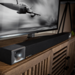 Cinema 600 Sound Bar By Klipsch sound bar close up with tv in the background product image