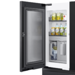 Samsung Bespoke Counter Depth 4-Door French Door Refrigerator with Family Hub beverage center opened with sample usage product image