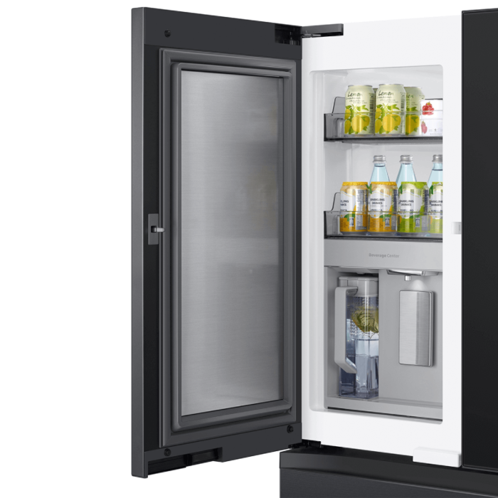 Samsung Bespoke Counter Depth 4-Door French Door Refrigerator with Family Hub beverage center opened with sample usage product image
