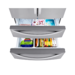 LG 27 Cu.Ft. 4 Door French Door Refrigerator In Stainless Steel LMWS27626S Drawers open with food product image