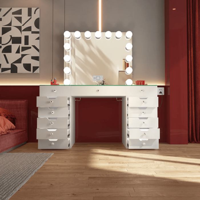 Eva Vanity Desk with 13 Storage Drawers with Full Light & RGB By Vanitii head on product image