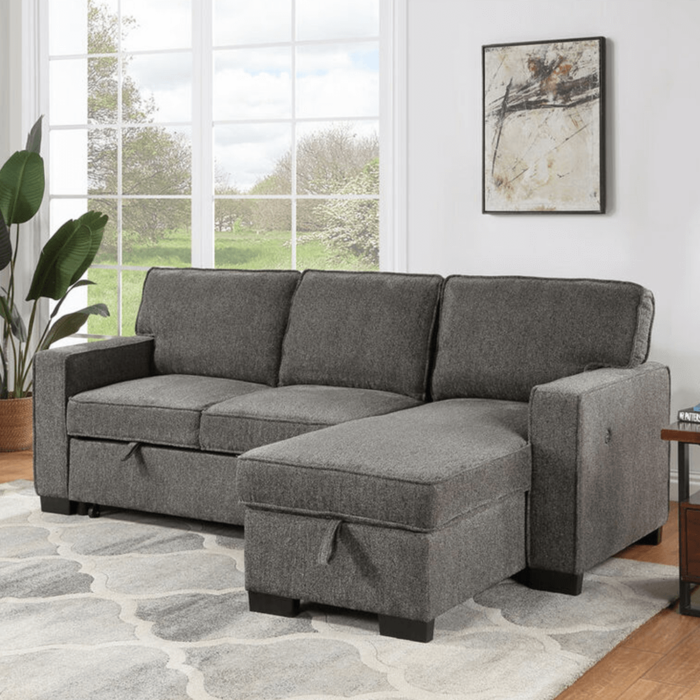 Estelle Dark Gray Fabric Reversible Sleeper Sectional with Storage Chaise Drop-Down Table 2 Cup Holders and 2 USB Ports By Lilola Home product image