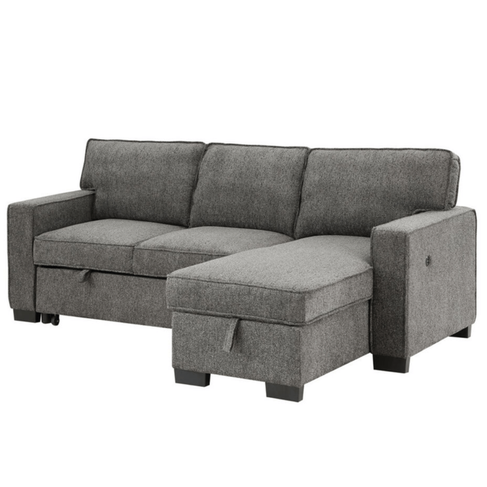 Estelle Dark Gray Fabric Reversible Sleeper Sectional with Storage Chaise Drop-Down Table 2 Cup Holders and 2 USB Ports By Lilola Home no background product image