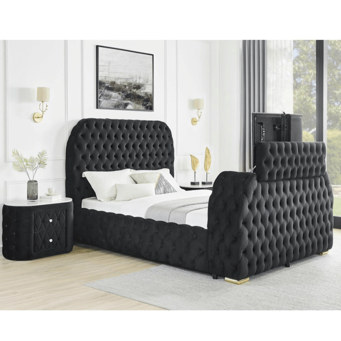 5115bk-qb Natalia Queen Black Fireplace and Lift TV Bed By Crown Mark in room product image