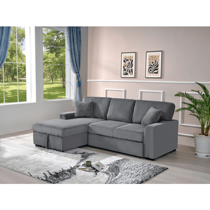 8060 Dark Gray Corduroy Fabric Pull Out Sectional Sofa & Storage By Milton Green Stars angled product image