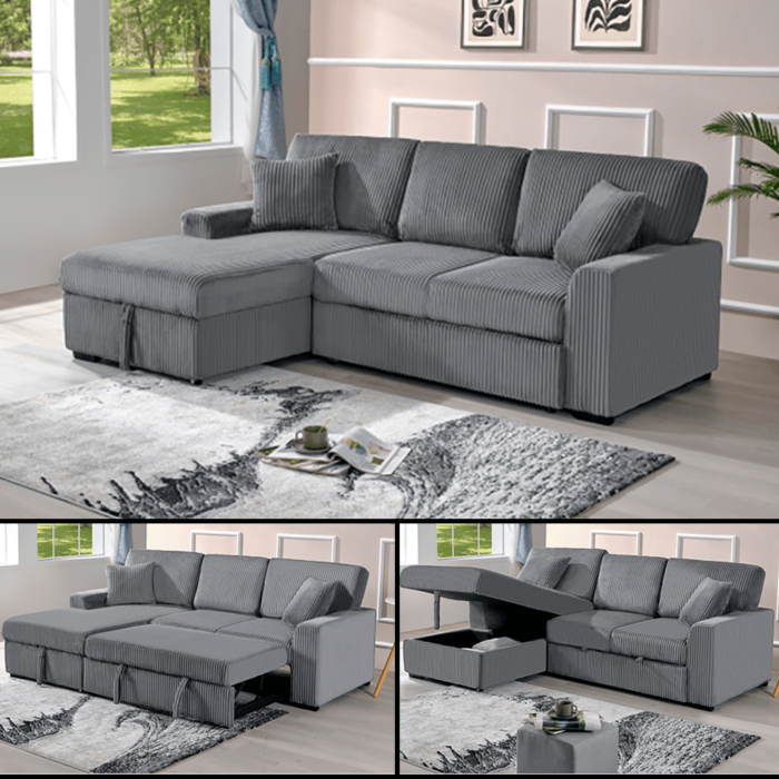 8060 Dark Gray Corduroy Fabric Pull Out Sectional Sofa & Storage By Milton Green Stars angled product image